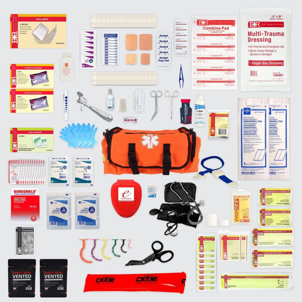 Ever Ready First Aid Fully Stocked EMT Trauma Bag Feat. Tourniquet, Chest Seals, Bleeding Control, Bandages, Shears, Gauze Pads and Rolls (Orange)