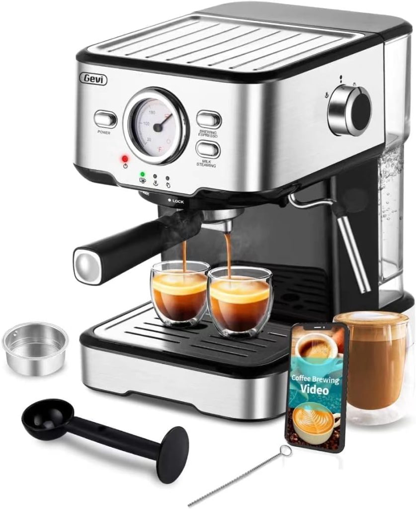 Gevi Espresso Machine 20 Bar Pump Pressure, Cappuccino Coffee Maker with Milk Foaming Steam Wand for Latte, Mocha, Cappuccino, 1.5L Water Tank