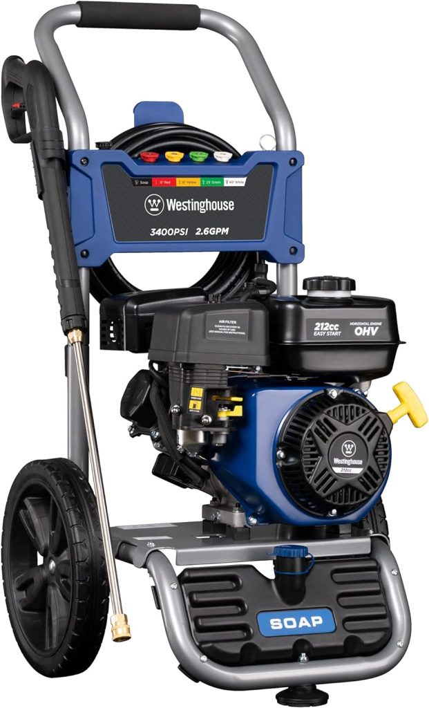 Westinghouse WPX3400 Gas Pressure Washer, 3400 PSI and 2.6 Max GPM, Onboard Soap Tank, Spray Gun and Wand, 5 Nozzle Set, CARB Compliant, for Cars/Fences/Driveways/Homes/Patios/Furniture