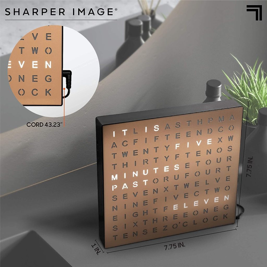 SHARPER IMAGE® LED Light-Up Word Clock, 7.75 Modern Design, Electronic Accent Wall or Desk Clock, USB Cord  Power Adapter, Unique Contemporary Home  Office Decor, Easy Setup, Housewarming Gift