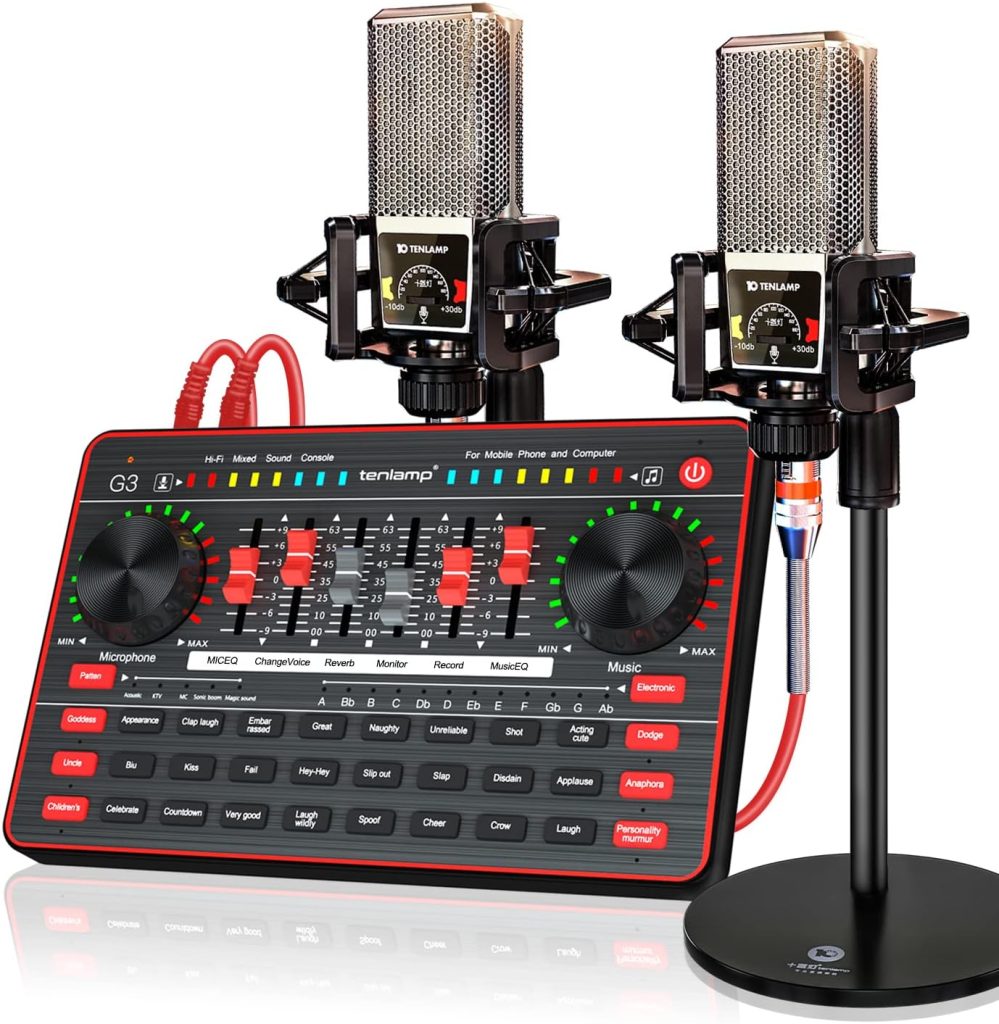 Audio Mixer with Sound Card, tenlamp Two 3.5mm Studio Condenser Microphone and G3 Audio interface, Sound Board Voice Changer, Podcast Equipment Bundle for PC Recording Gaming Live Streaming Podcast