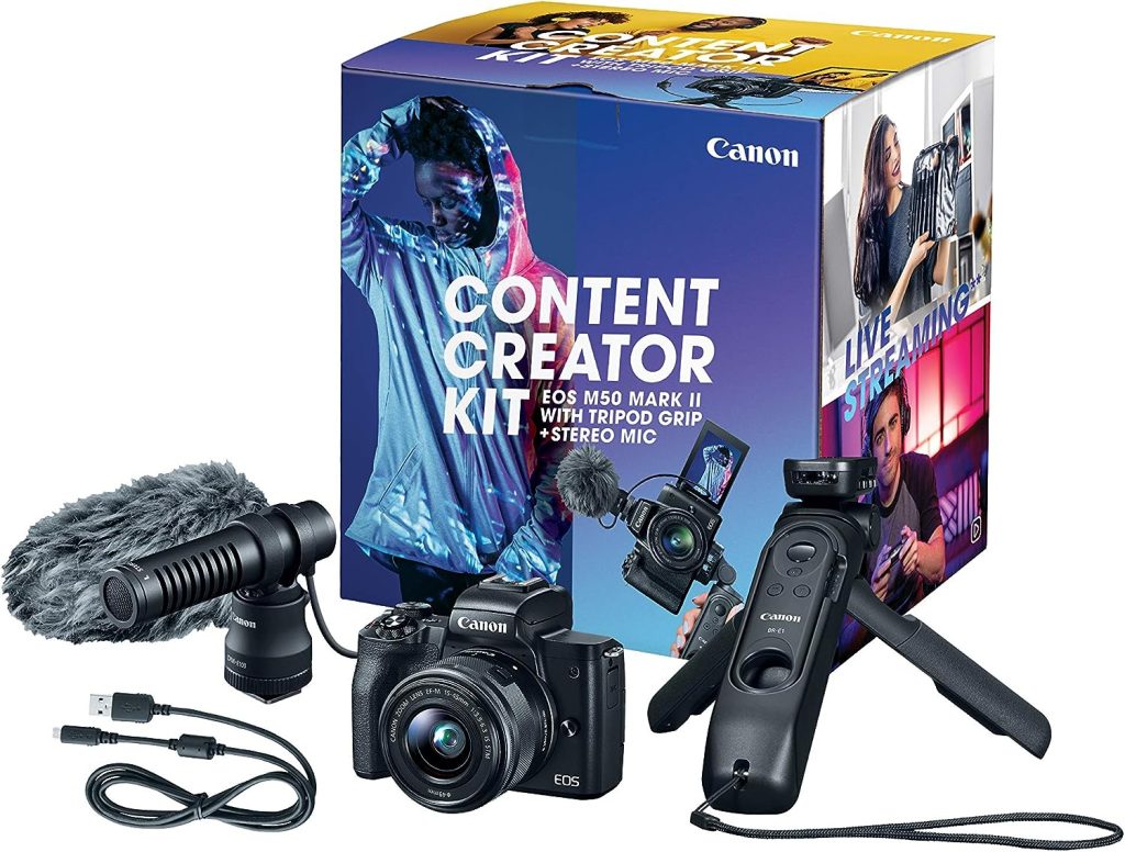Canon EOS M50 Mark II Content Creator Kit, Mirrorless 4K Vlogging Camera Kit Includes EF-M 15-45mm Lens, Tripod Grip, Stereo Microphone Black