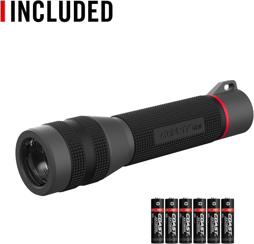Coast GX30 2300 Lumen Waterproof Alkaline-Dual Power LED Flashlight with Twist Focus, Anti-Roll Cap and Textured Handle - Compatible with 4 x AA Batteries (Included) or ZX866 Rechargeable Battery