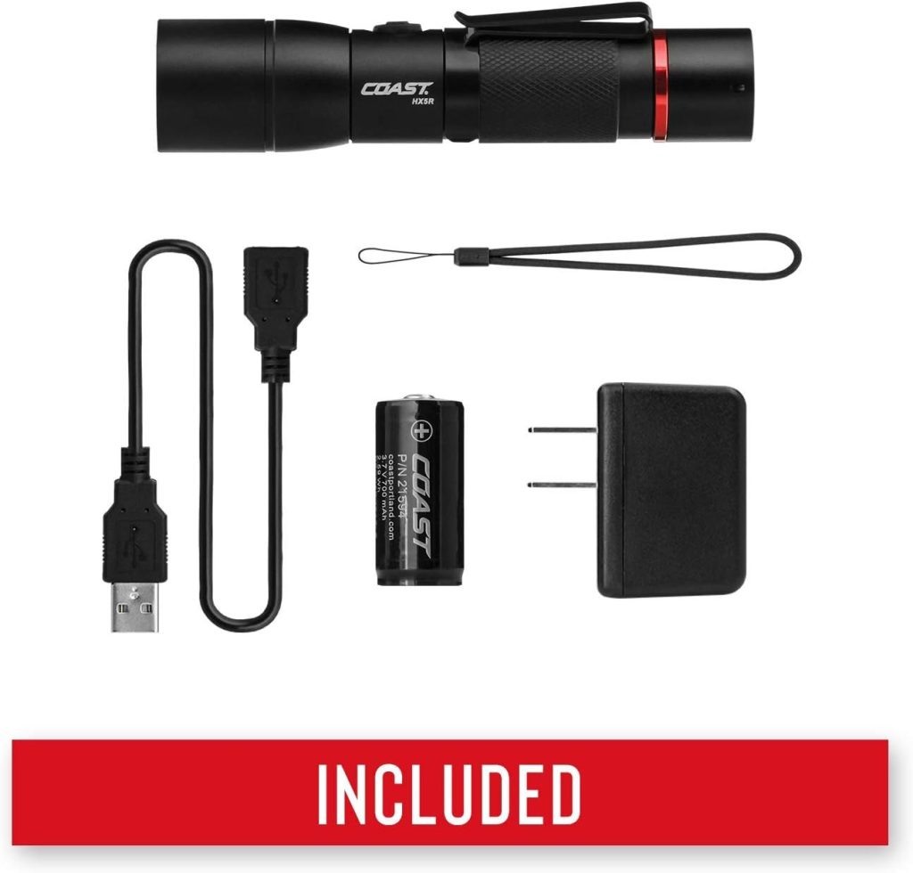 Coast HX5R 345 Lumen Rechargeable LED Flashlight with Slide Focus and CR123 Compatible, Batteries Included