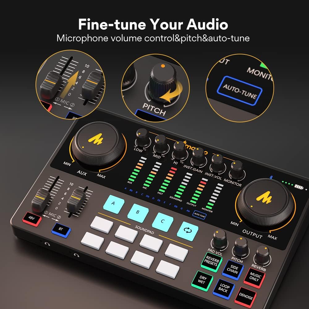 MAONO Podcast Equipment Bundle 10 Channel Audio Interface and XLR Dynamic Microphone MaonoCaster with Pro-preamp, 48V, Bluetooth for Podcast, Streaming, TikTok, Youtube, PC, Smartphone (AME2C Pro)