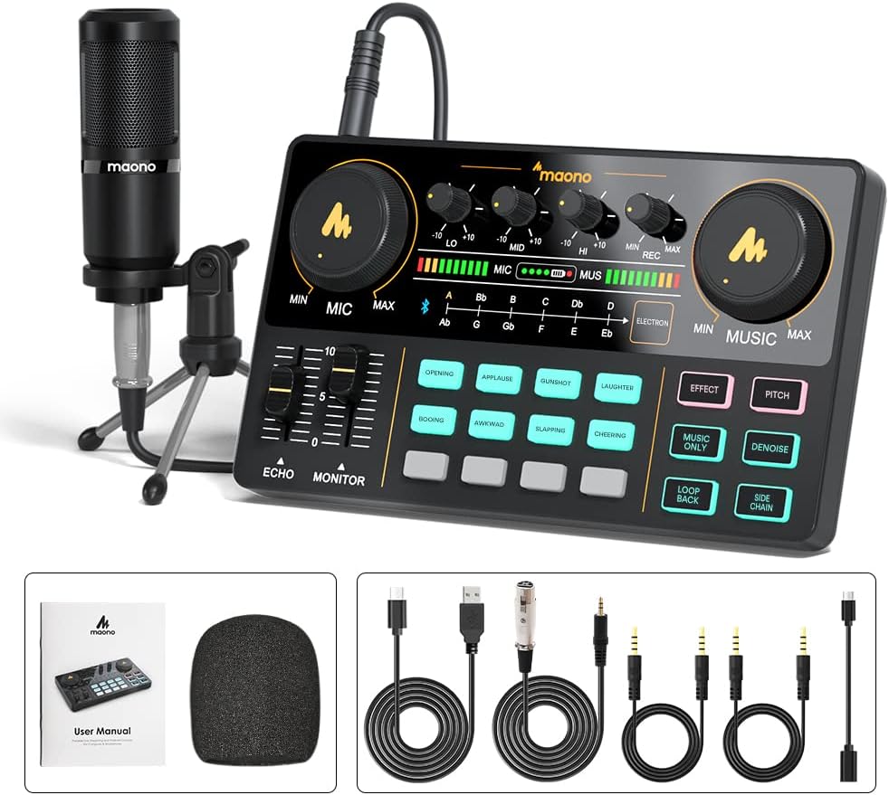 MAONO Podcast Equipment Bundle Audio Interface All-in-One Podcast Production Studio with 3.5mm Microphone for Live Streaming, Podcast Recording, PC, Smartphone MaonoCaster Lite (AU-AM200-S1 Black)