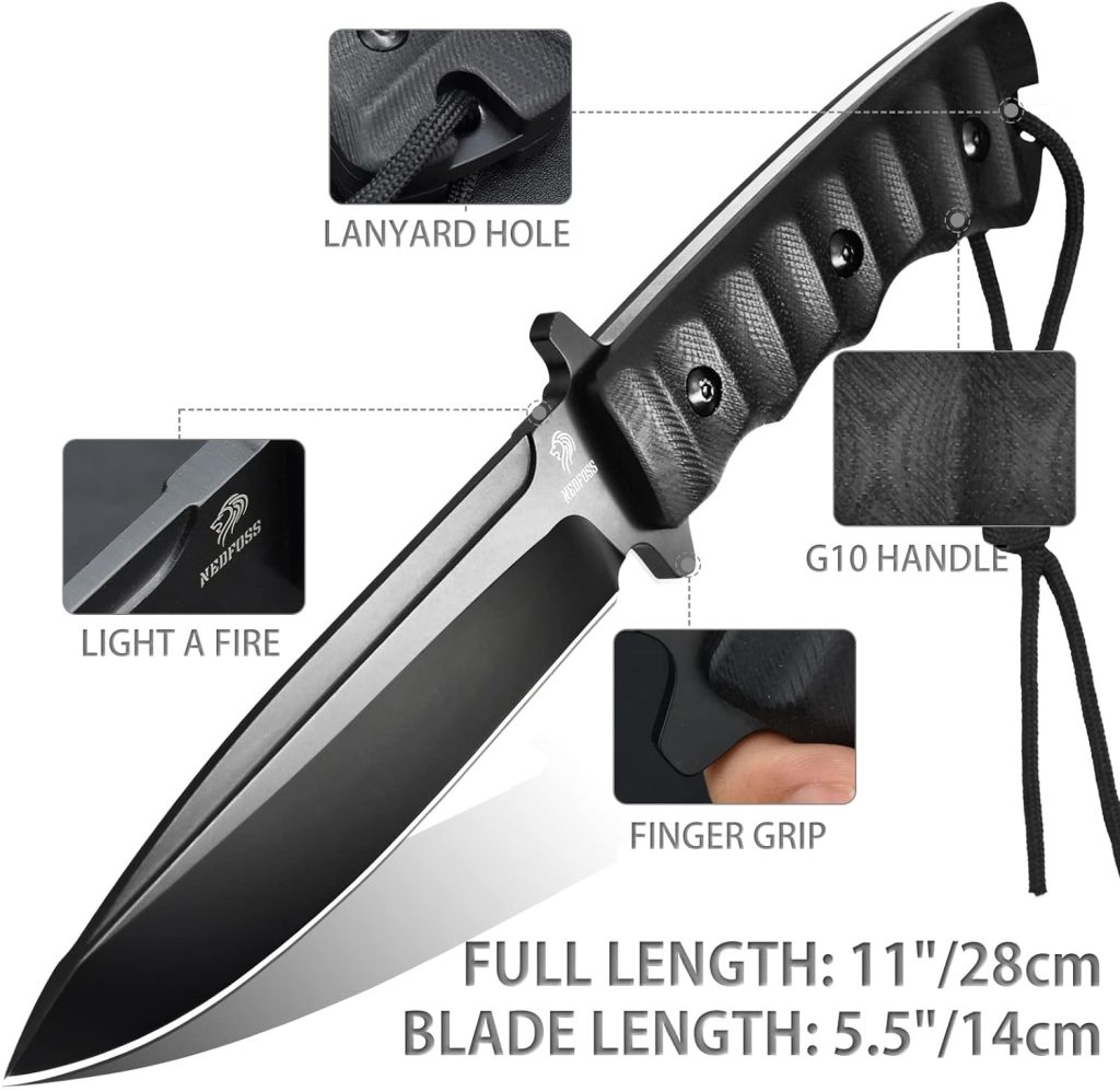 NedFoss BLACK PHOENIX Hunting Knife with Holster, 11 Inch Full Tang Survival Knife with G10 Handle, Bushcraft Fixed Blade Knife for Men, Camping Knife Gifts for Men