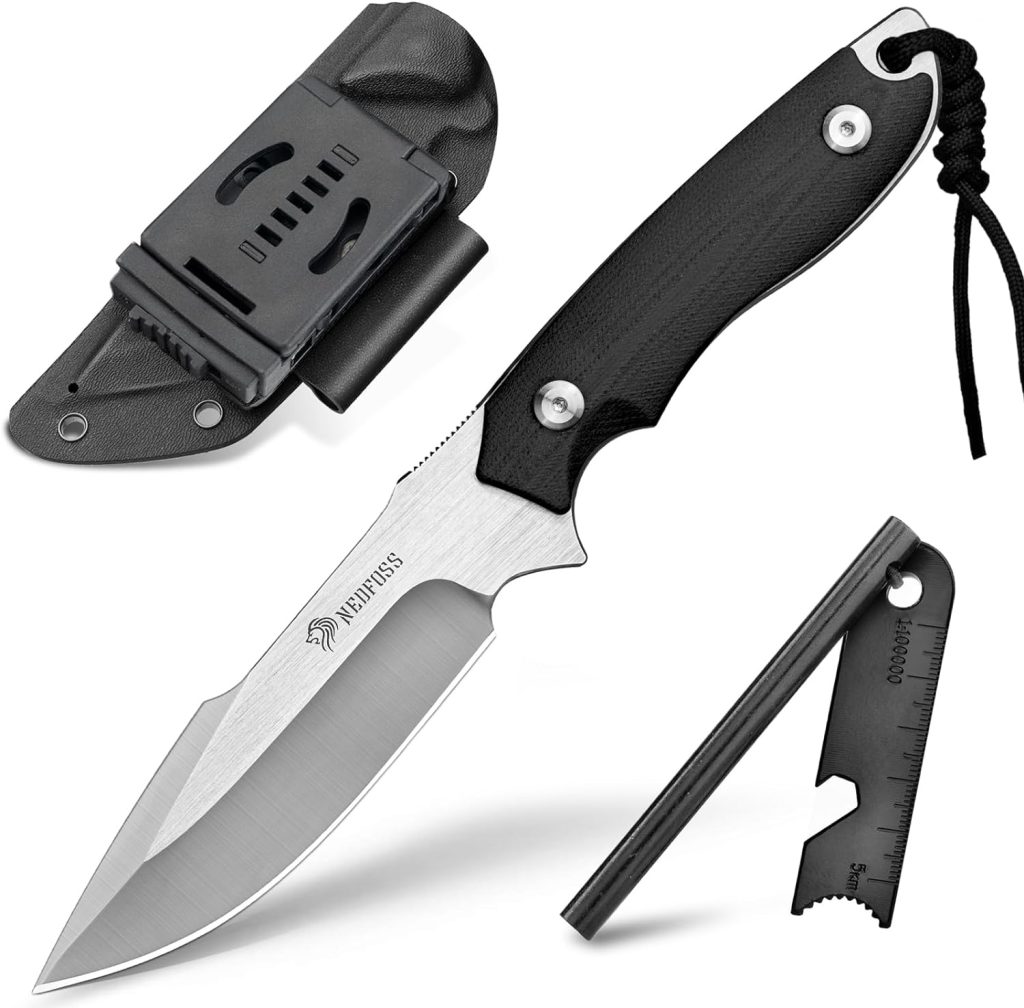 NedFoss Survival Knife with Fire Starter and Kydex Sheath, 9.25 Full Tang Fixed Blade Camping Knife with Sheath Horizontal  Vertical, Bushcraft Knife with G10 Handle for Outdoor, Hunting, Fishing