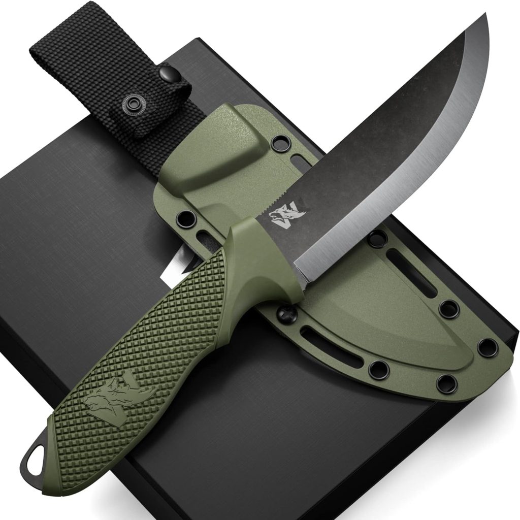 ODENWOLF W-SCANDI Full Tang Survival Knife with Sheath - Stylish Tactical Fixed Blade Knife - Made of D2 Steel - Bushcraft and Camping Knife Survival - Perfect EDC Hunting Knife with TPE Handle