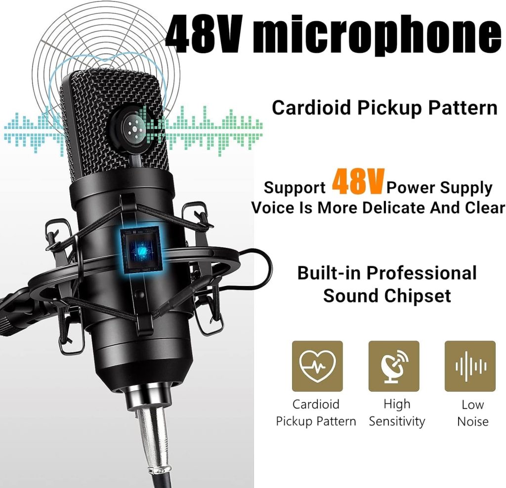 Podcast Equipment Bundle, 48V Condenser Microphone Bundle with M300 Voice Changer, Podcast Microphone Recording Studio Package for Podcasting Live Streaming Singing PC Mobile TikTok YouTube