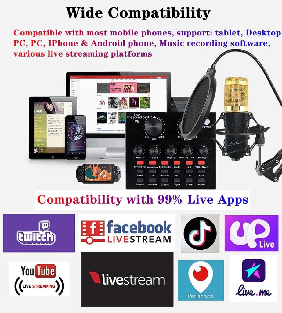 Podcast Equipment Bundle, BM-800 Recording Studio Package with Voice Changer, Live Sound Card - Audio Interface for Laptop Computer Vlog Living Broadcast Live Streaming YouTube TikTok (AM100-V8)