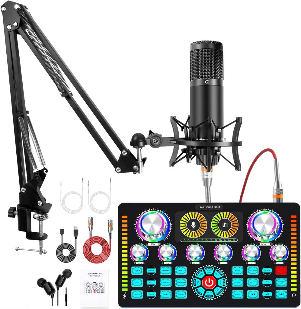 Podcast Equipment Bundle,Audio Interface and XLR Condenser Microphone, Studio Equipment with 48V Phantom Power, Bluetooth for Podcast, Streaming, Voice Over, Singing, PC, Smartphone