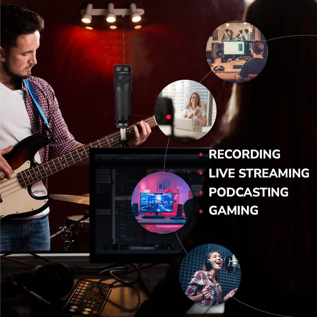 Prisciliano Podcast equipment bundle. Audio Interface with condenser microphone  accesories: Sound Card Mixer. Podcast Studio equipment for Live Streaming, PC, Karaoke Recording and Gaming. DJ Mixer.
