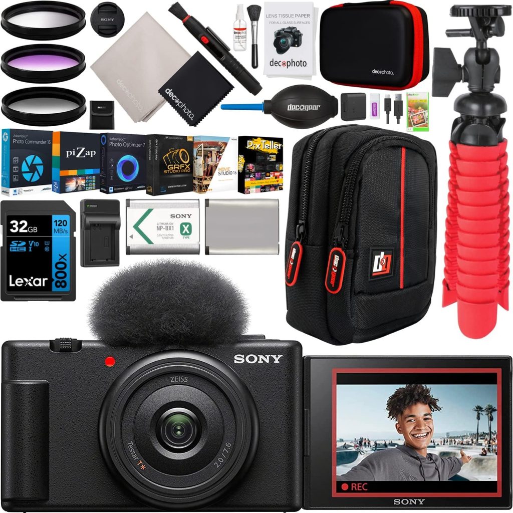 Sony ZV-1F Vlog Camera with 4K Video  20.1MP for Content Creators and Vloggers Black ZV-1F/B Bundle with Deco Gear Case + Extra Battery + Filter Kit + Photo Video Software  Photography Accessories