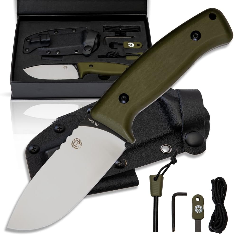Survival Camping Knife | Fixed Blade Hunting Knife W Sheath | Gift Set For Him Knife | Bushcraft Outdoor Knife | Full Tang Tactical Survival Knife Kit (army green handle)