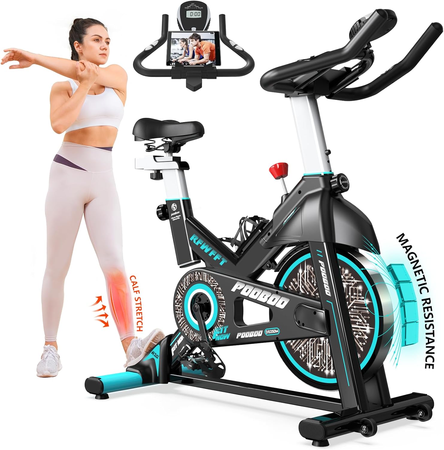 pooboo Exercise Bike, Adjustable Magnetic Resistance Silent Belt Drive, Indoor Cycling Bike for Home Cardio Gym, Fitness Stationary Bike Machine with 350lbs/300lbs Weight Capacity, Monitor with Pulse  Ipad Mount Upgraded Version Seat
