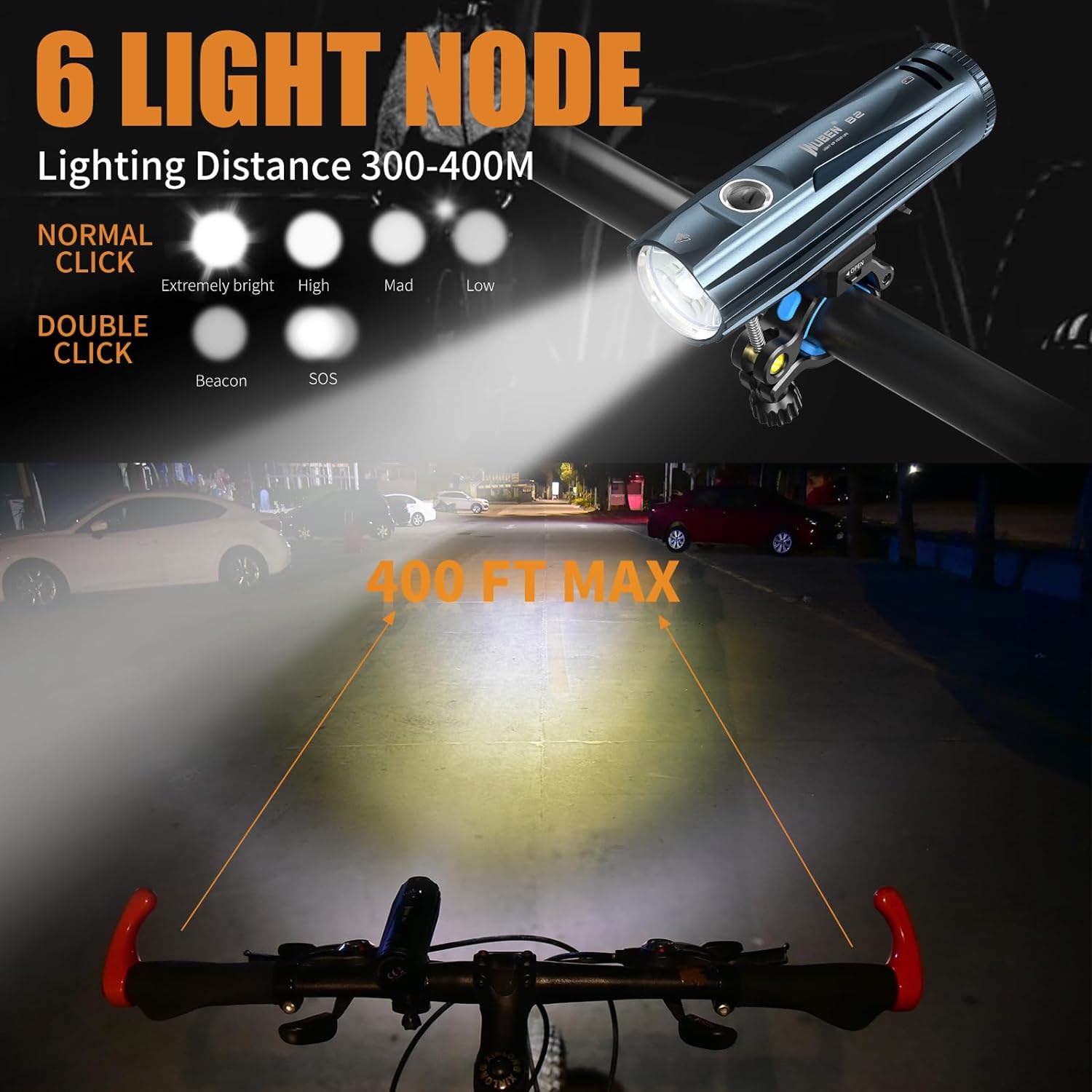 WUBEN B2 Flashlight Rechargeable 1300 Lumen, LED Bike Lights USB-C Rechargeable, Front and Back Flash Light 6 Modes, IP68 Waterproof Bike Headlight Taillight for Outdoor, Hiking, Emergency (Blue)