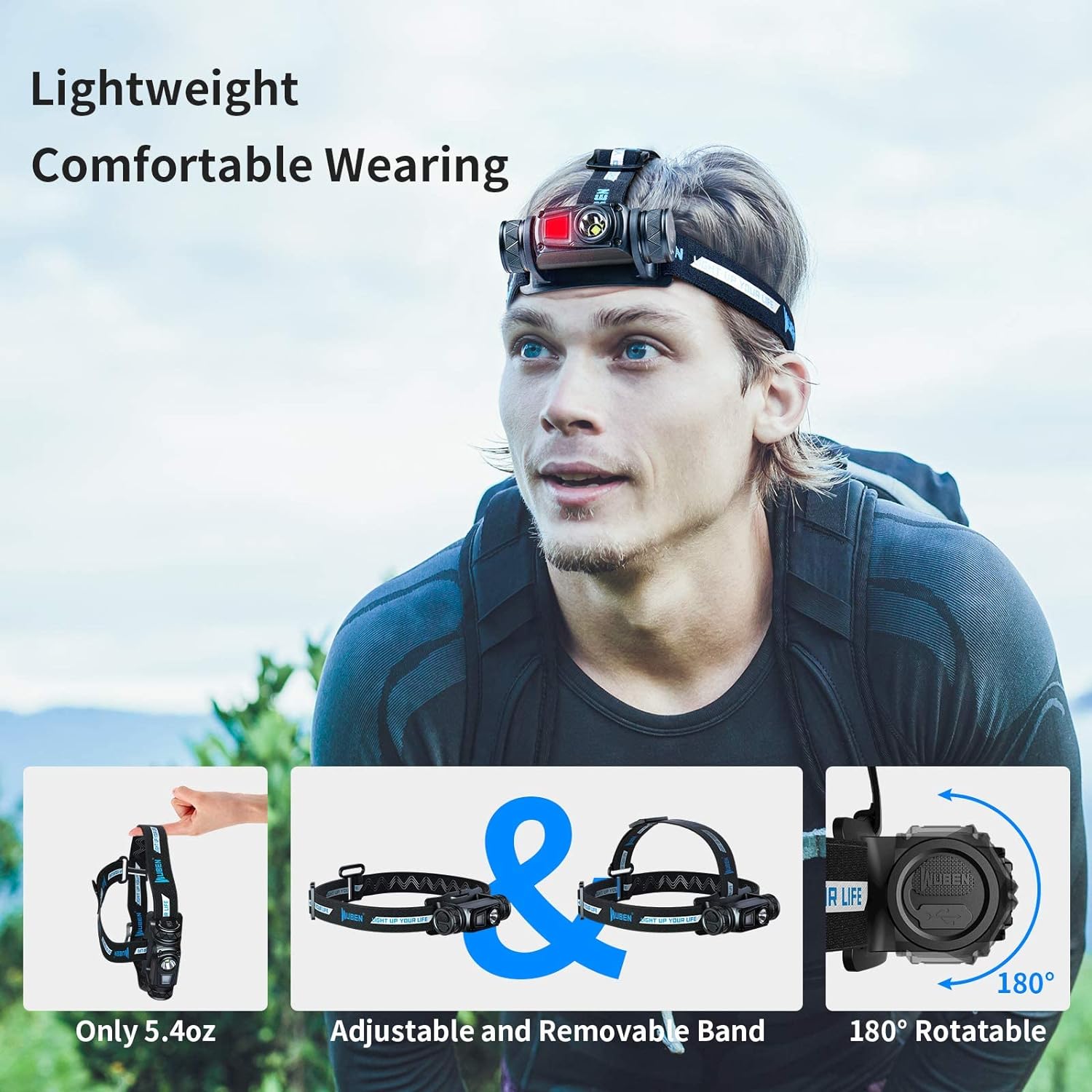 WUBEN H1 Rechargeable Headlamp, 1200 High Lumen Ultra Bright LED Head Lamp, 11 Modes 180°Adjustable IP68 Headlight with Red Light for Outdoors Camping Hunting Hiking Running Fishing Gear
